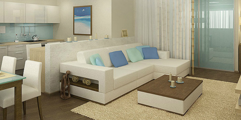 белый угловой диван, квартира-студия, интерьер