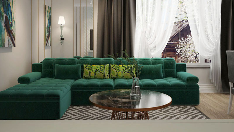 зеленый цвет дивана в интерьере гостиной