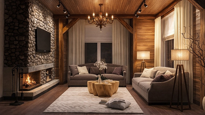 Квартирная гостиная в стиле шале