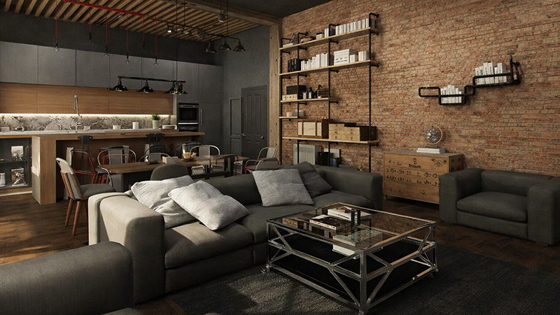 Главная комната в индустриальном стиле