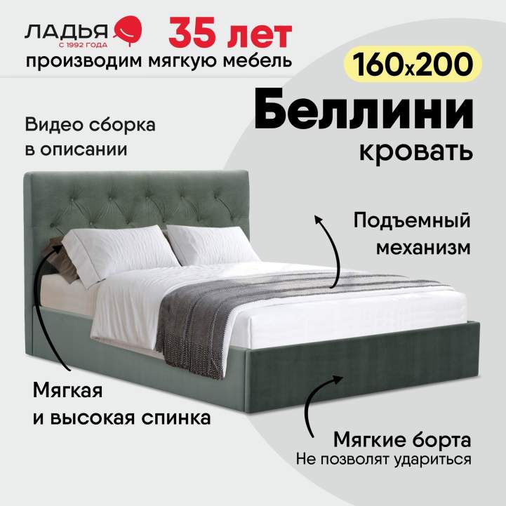 Двуспальная кровать Беллини 160 светло-зеленый велюр