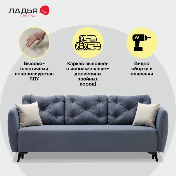 Прямой диван Тиволи Серо-синий велюр