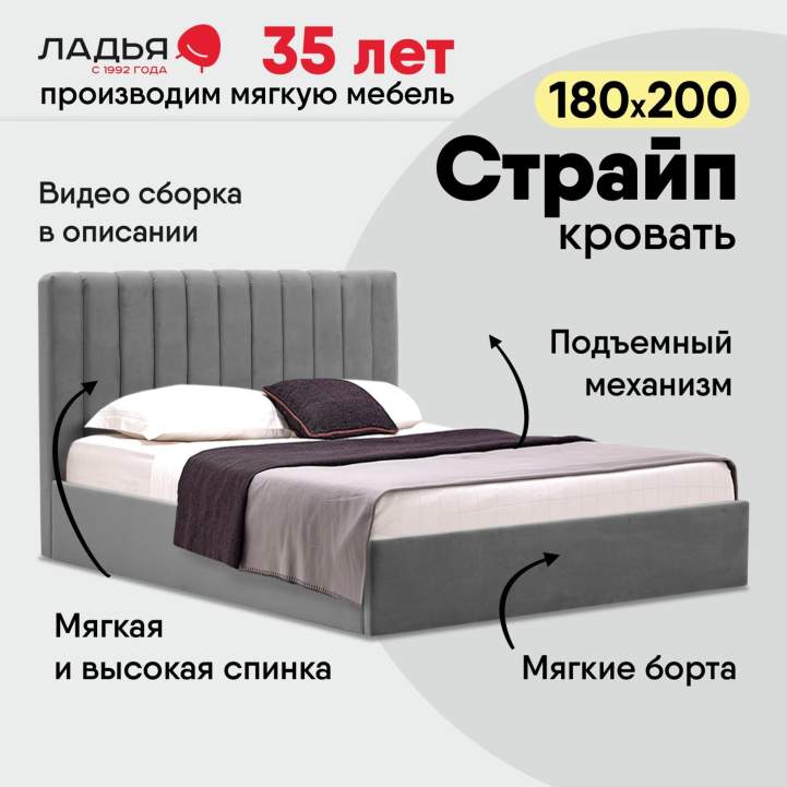 Двуспальная кровать Страйп 180 светло-серый велюр