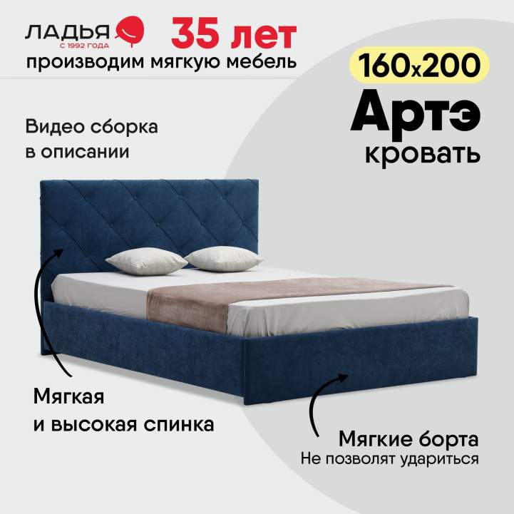 Двуспальная кровать Артэ 160 синий велюр