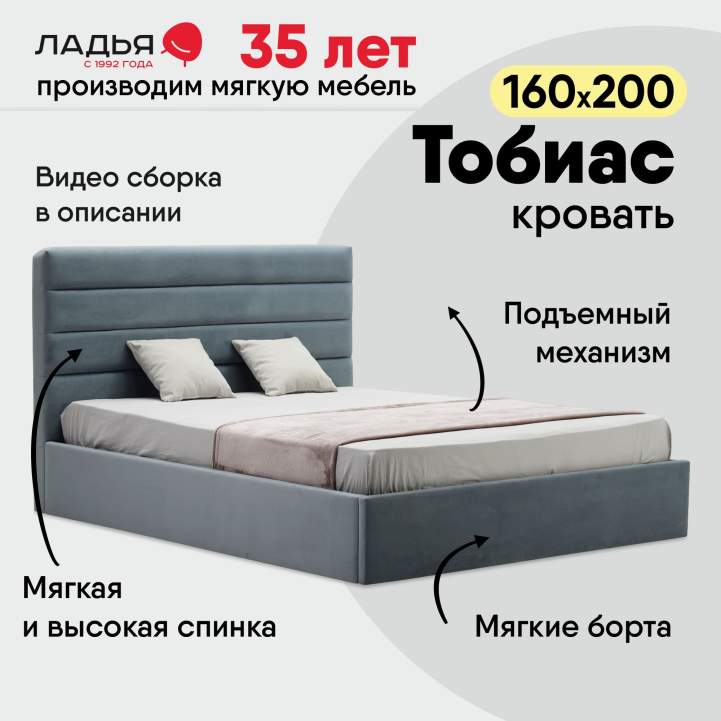 Двуспальная кровать Тобиас 160 серо-голубой велюр