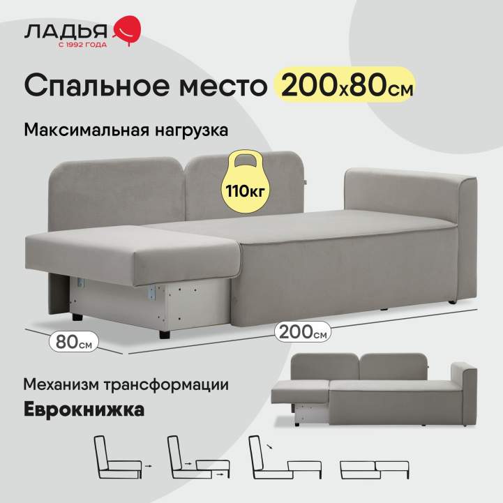 Прямой мини диван-кушетка Мокка Дымчатый серый велюр 