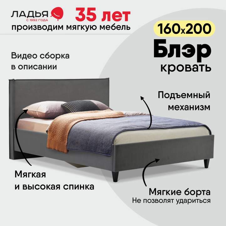 Двуспальная кровать Блэр 160 серый велюр