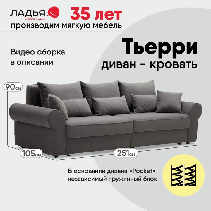 Прямой диван Тьерри Антрацитовый велюр