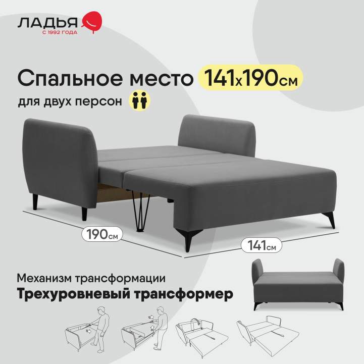 Прямой мини диван Тиволи 140 Серый велюр 