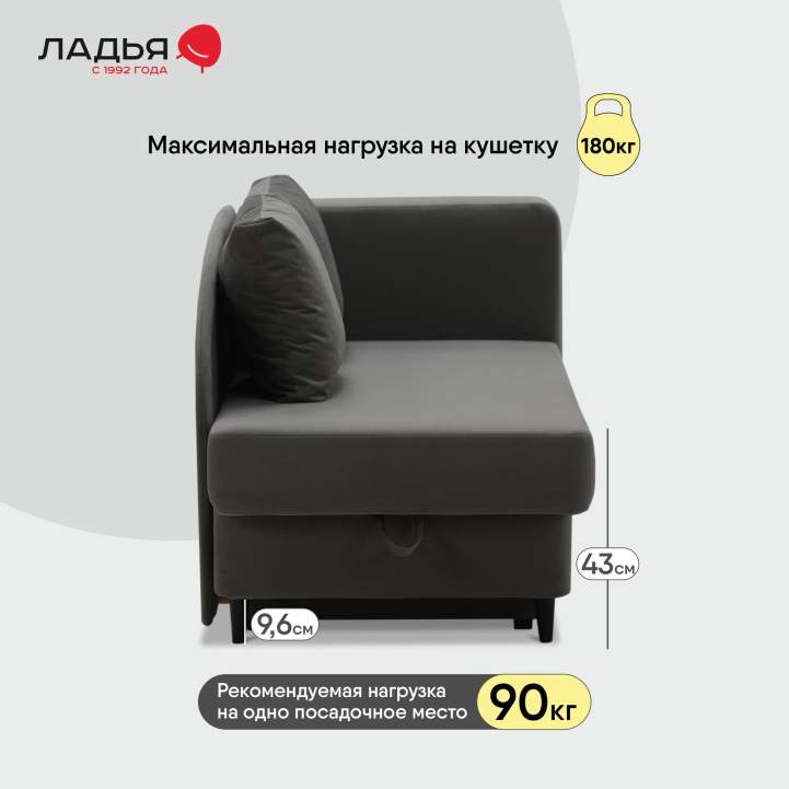 Угловая кушетка правая Иби Серый велюр