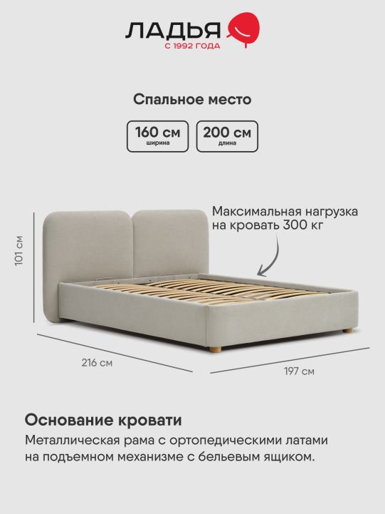 Двуспальная кровать Фрейя 160 с подъемным механизмом светло-серый велюр