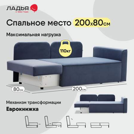 Прямой мини диван-кушетка Мокка Дымчатый синий велюр Уцененный