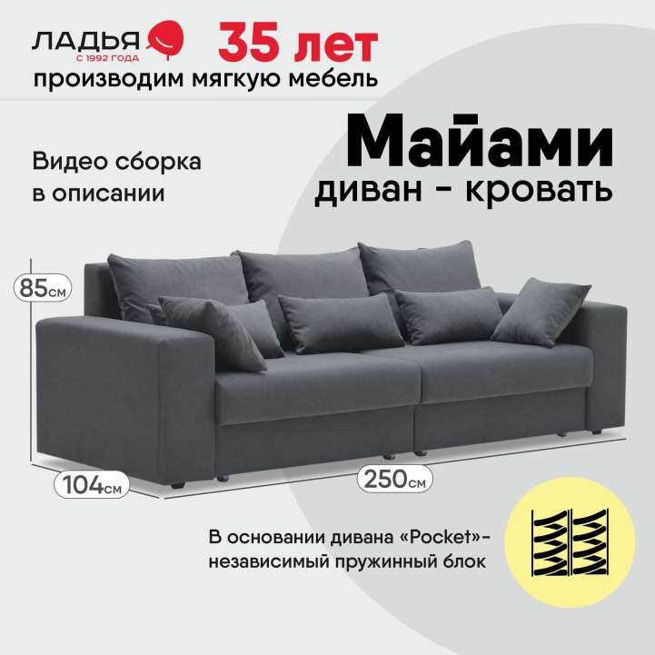 Прямой диван Майами Графитовый велюр 