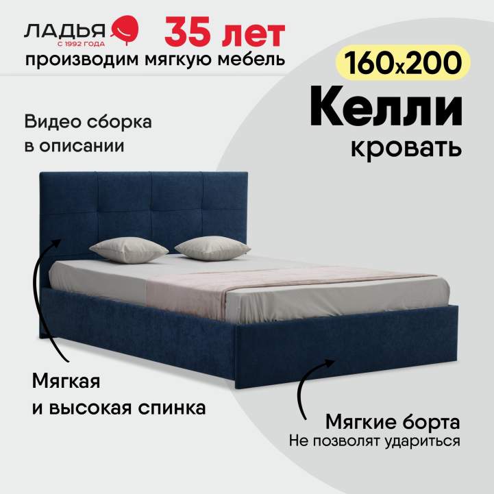 Двуспальная кровать Келли 160 синий велюр