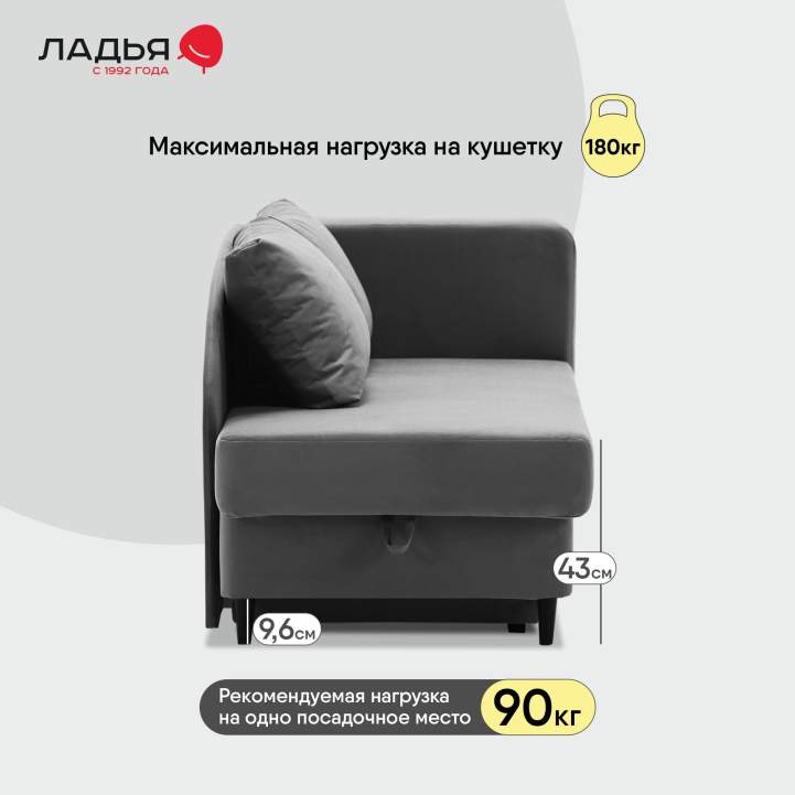 Угловая кушетка правая Иби Антрацитовый велюр