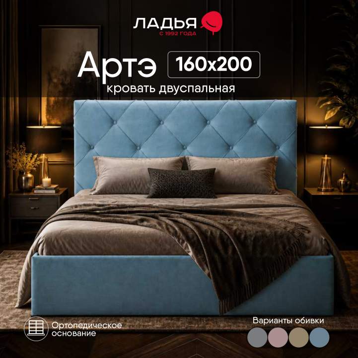 Двуспальная кровать Артэ 160 голубой велюр