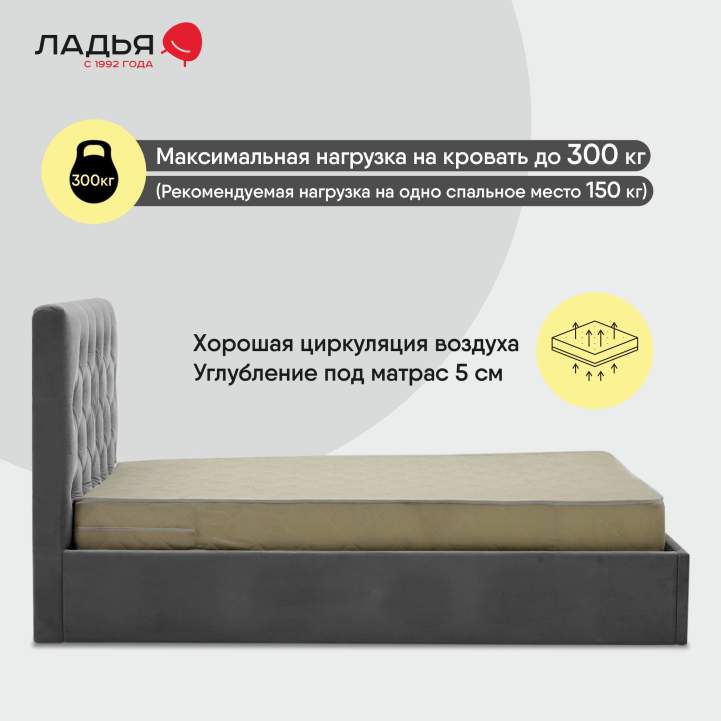 Двуспальная кровать Беллини 160 светло-серый велюр