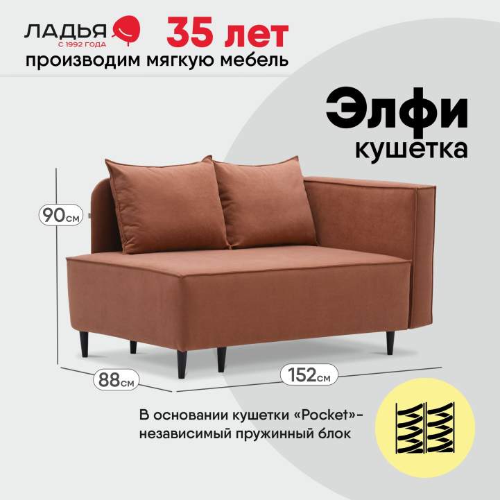 Угловая кушетка правая Элфи пыльно-терракотовый велюр