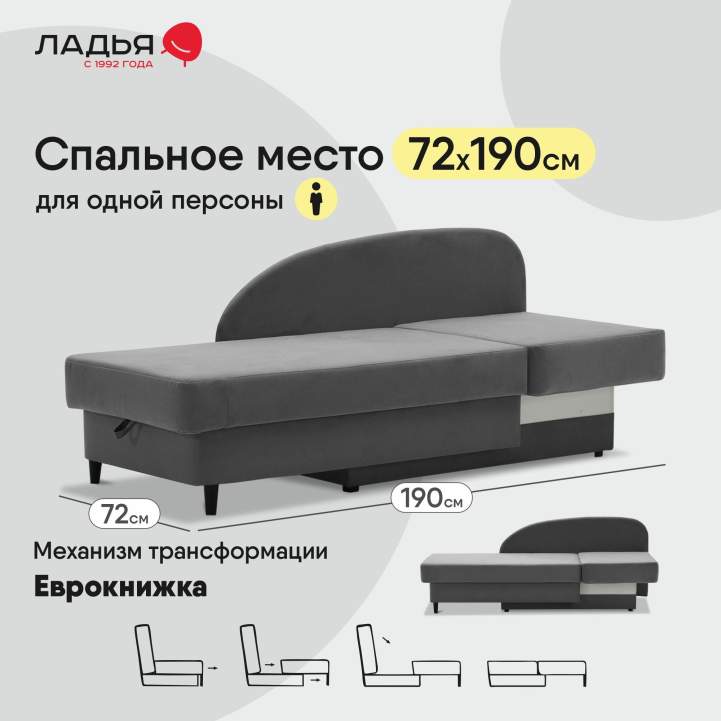 Угловая кушетка правая Иби Антрацитовый велюр