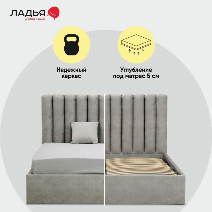 Двуспальная кровать Страйп 160 светло-серый велюр