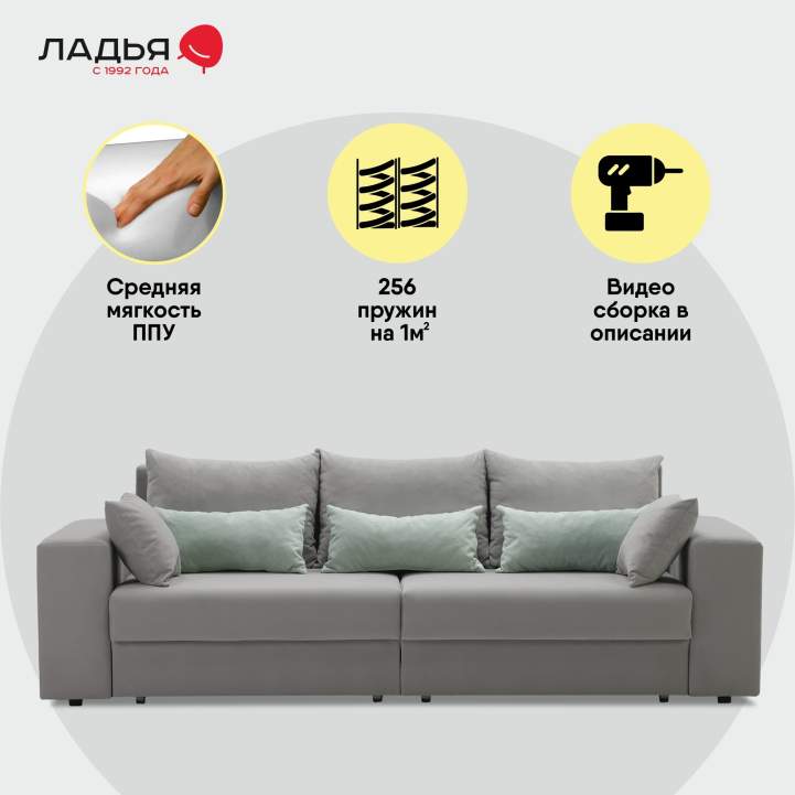 Прямой диван Майами Дымчатый серый велюр 