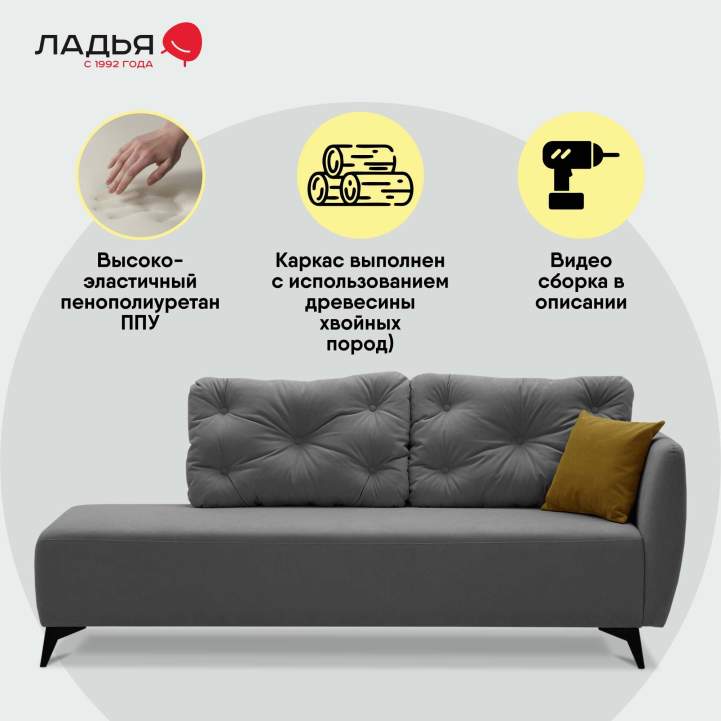 Угловая кушетка Тиволи 190 Серый велюр 