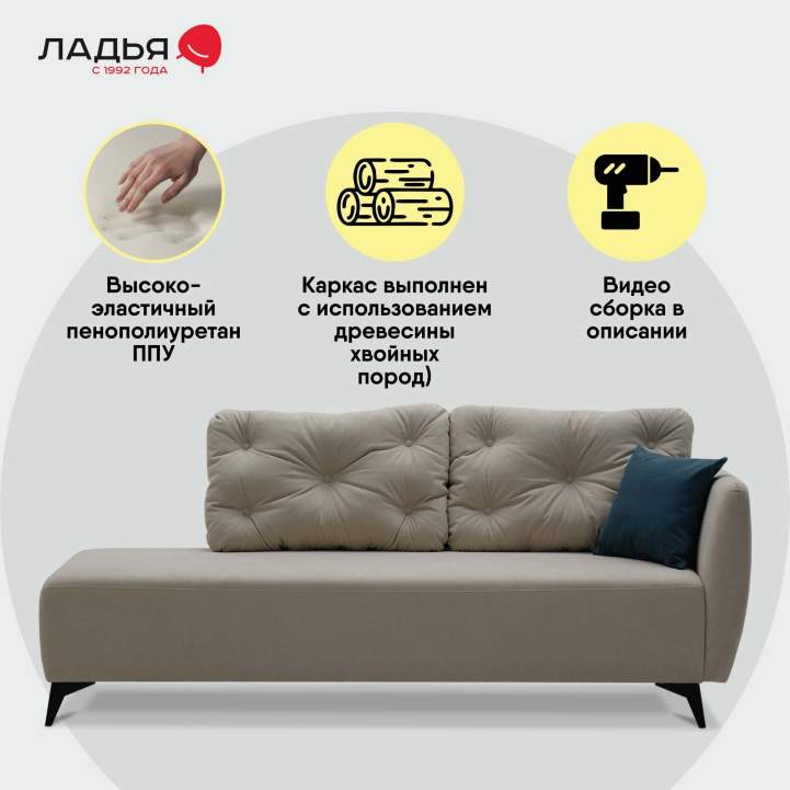 Угловая кушетка Тиволи 190 Айвори велюр 