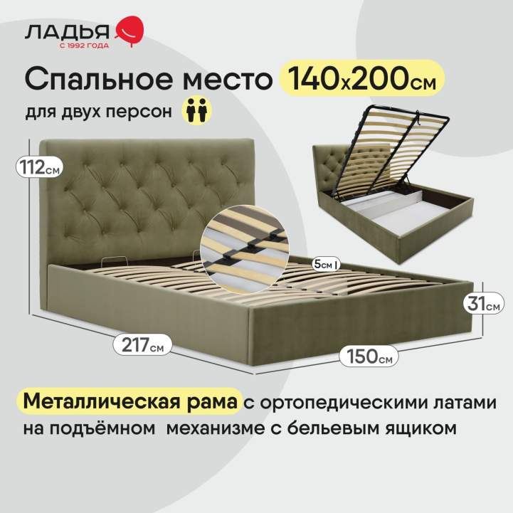 Двуспальная кровать Беллини 140 оливковый велюр