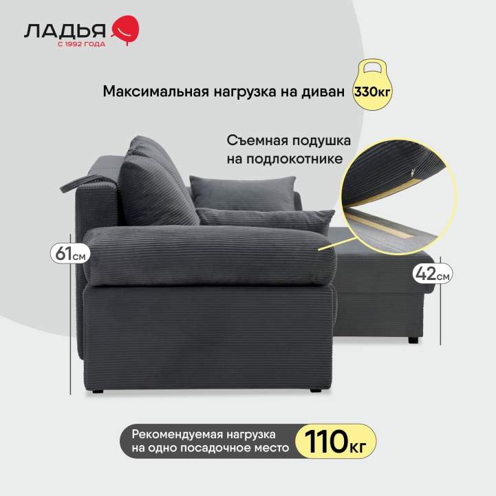 Угловой диван правый Тайлин Графитовый велюр 