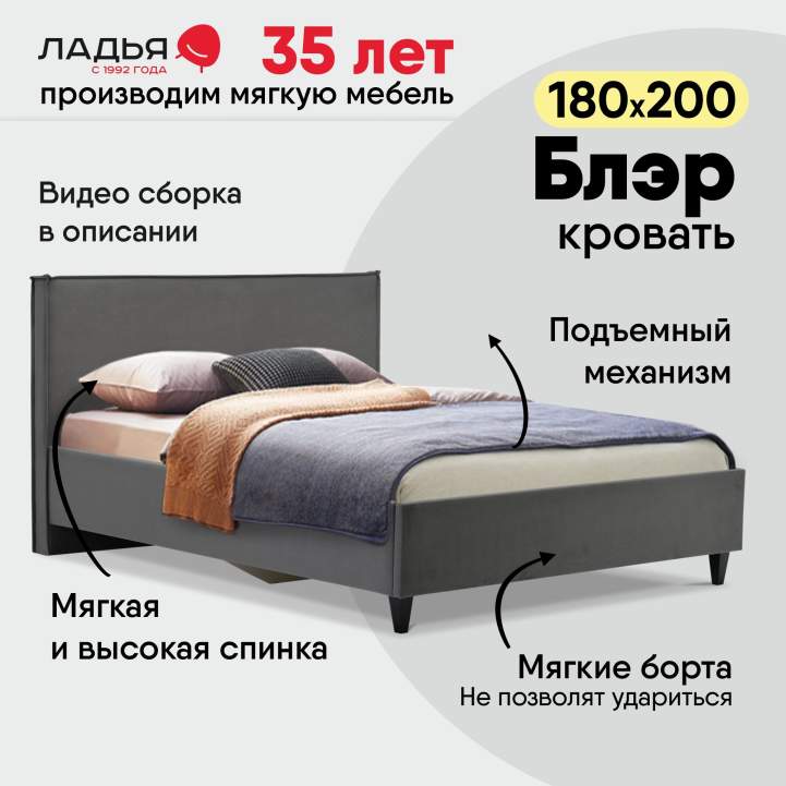 Двуспальная кровать Блэр 180 серый велюр