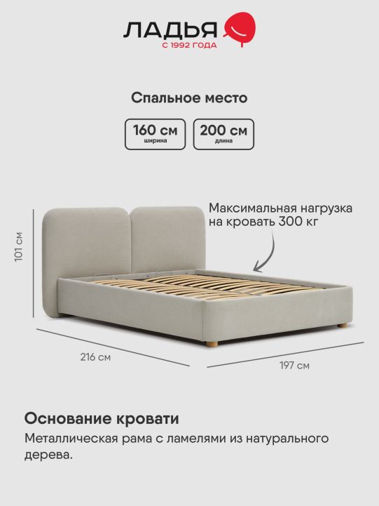 Двуспальная кровать Фрейя 160 без подъемного механизма светло-серый велюр