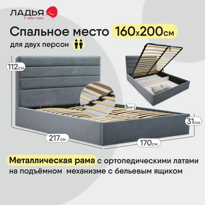 Двуспальная кровать Тобиас 160 серо-голубой велюр
