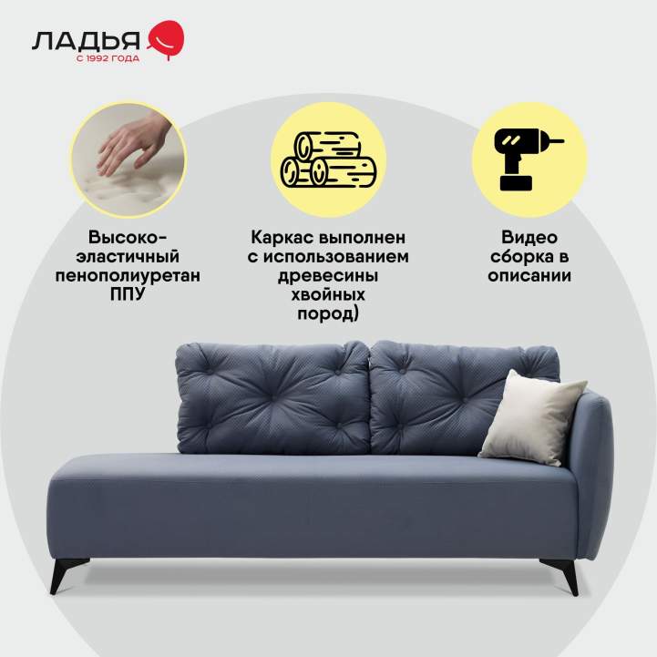 Угловая кушетка Тиволи 190 Cеро-синий велюр