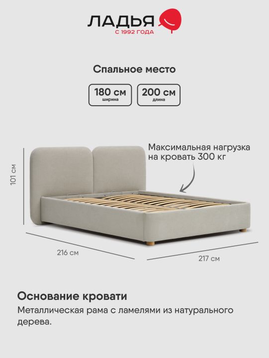 Двуспальная кровать Фрейя 180 без подъемного механизма светло-серый велюр