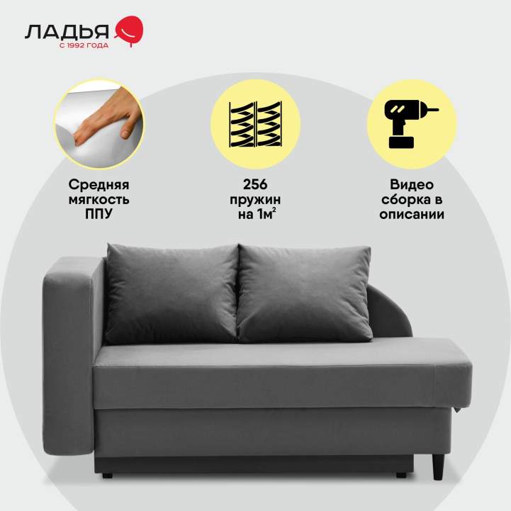 Угловая кушетка левая Иби Антрацитовый велюр