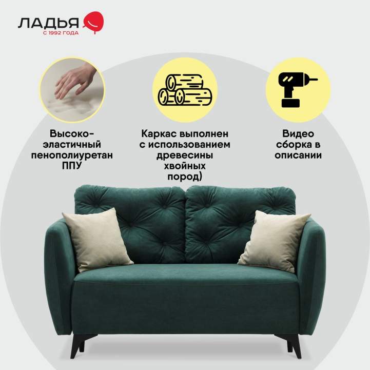 Прямой мини диван Тиволи 120 Изумрудный велюр