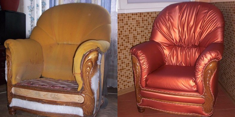 С левой стороны кресло, подлежащее реставрации, а справа восстановленное